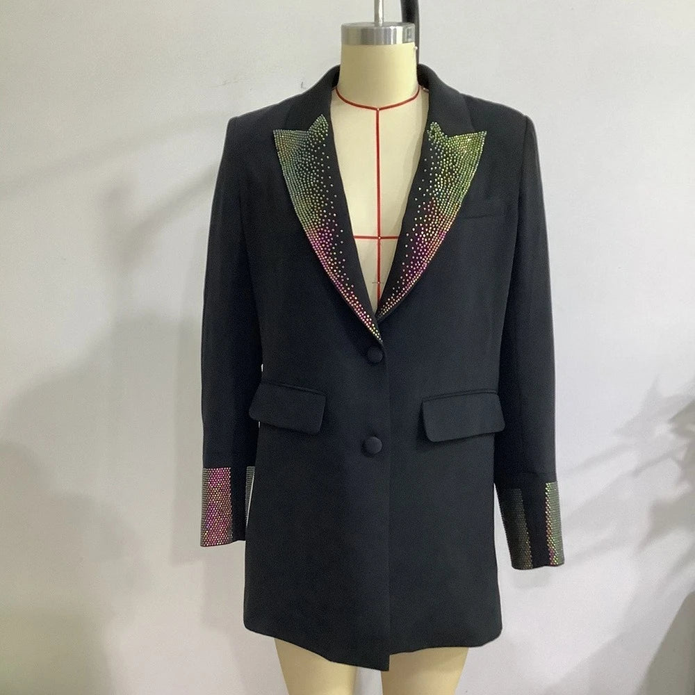 TWOTWINSTYLE Solid Spliced Sequins Fashion Jackets for Women Lapel Long Sleeves Patchwork Single Breasted Elegant Jacket Female