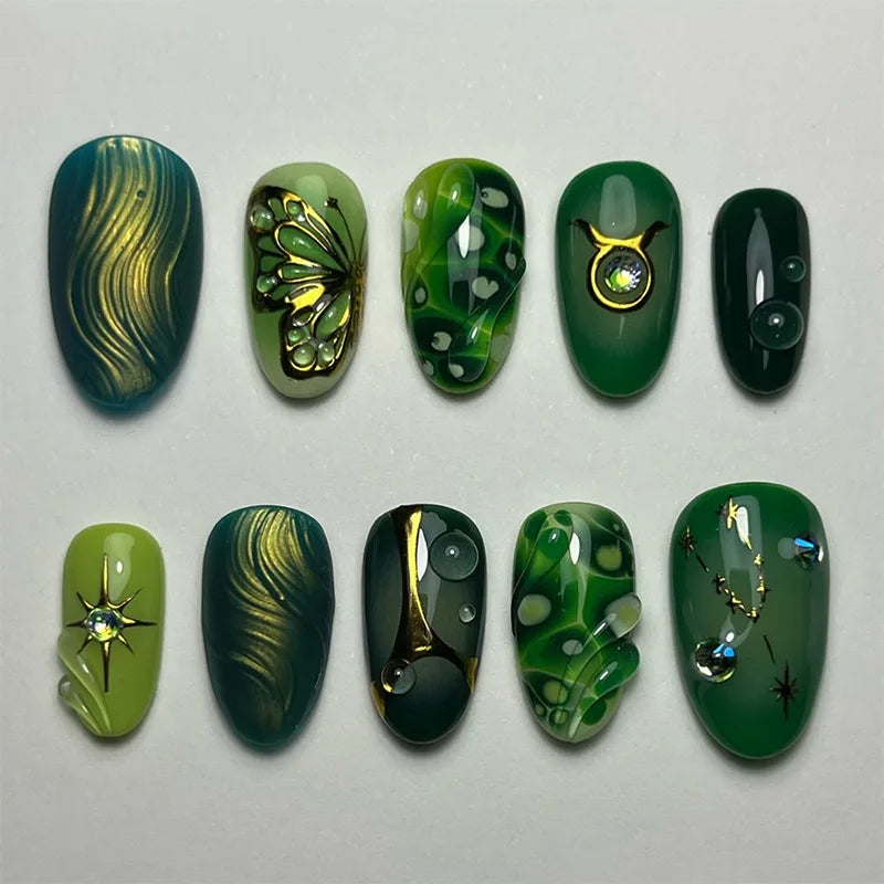 24Pcs Short Oval Rhinestone Spice Girl False Nails Full Cover Gold Powder Butterfly Ripple Pattern Wearable Green Nail Patch Set