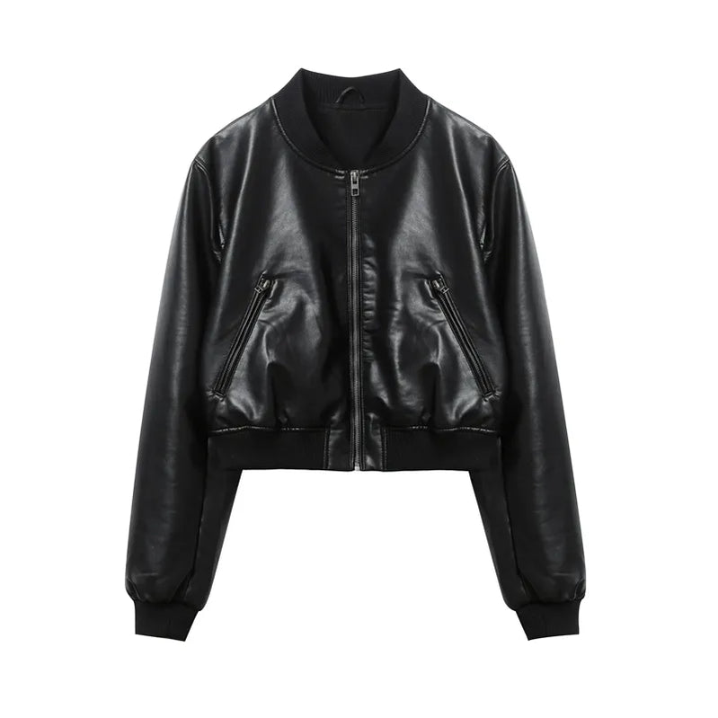 Vintage imitation leather bomber jacket coat top women's style black