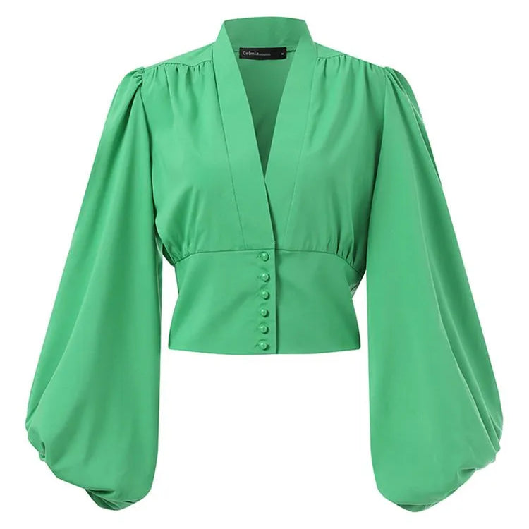 Vintage Blouses for Women Fashion Lantern Long Sleeve Buttons Front Crop Tops Sexy V-neck Shirts French Party Blusas