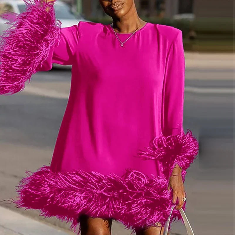 Winter Flare Sleeve Femme Pullover Dress Trendy Sexy Patchwork Feather Women Evening Dress Fall Elegant O-neck A-Line Mini Dress Dark Pink