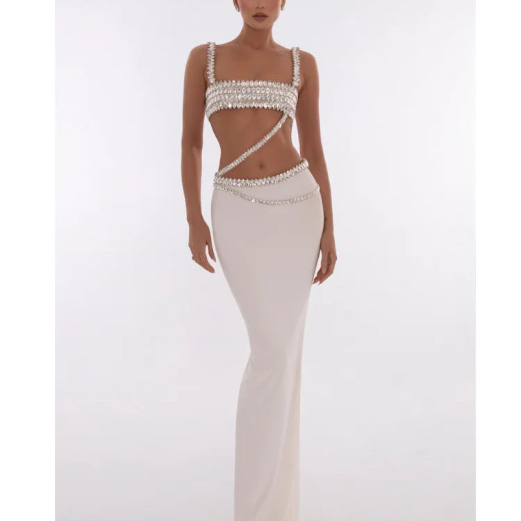 Sparkling Diamonds Woman Set Spaghetti Strap Top And Ankle Lenght Skirt  2 Pieces Evening Party Vestido Beach Vocation Outfit