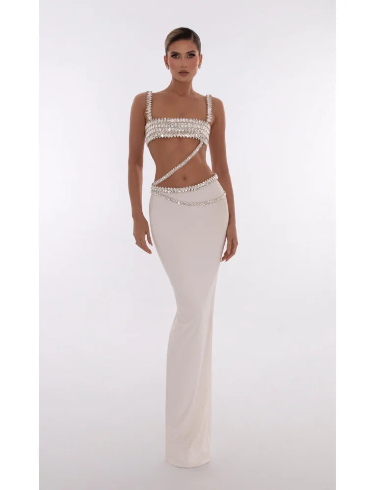 Sparkling Diamonds Woman Set Spaghetti Strap Top And Ankle Lenght Skirt  2 Pieces Evening Party Vestido Beach Vocation Outfit