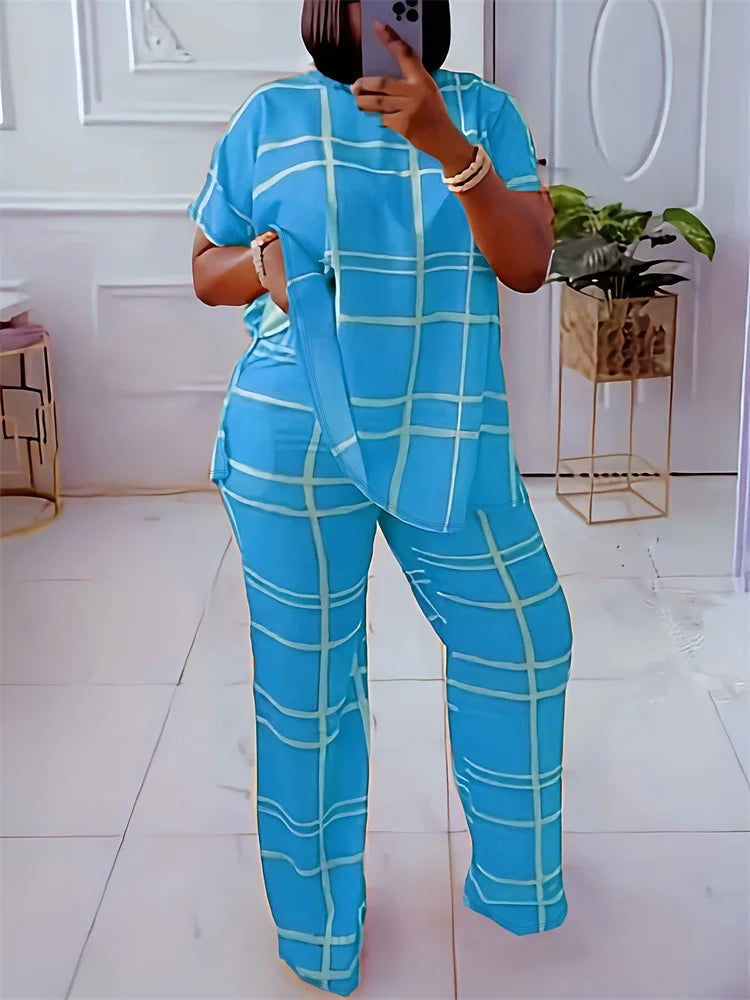 Wmstar Plus Size Two Piece Outfits Women Loose Striped Short Sleeve Top Wide Leg Pants Set Tracksuits Wholesale Dropshipping