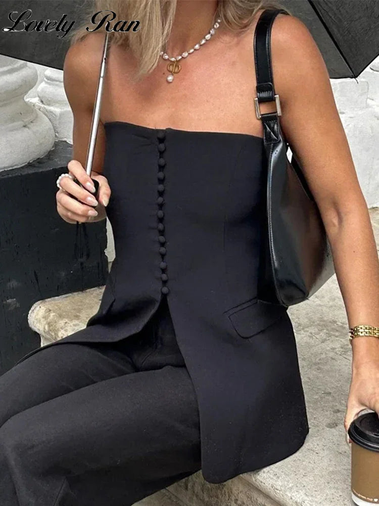 Women Strapless Split Tube Tops Sexy Corset Slim Backless Sleeveless Off Shoulder Single Breasted Vest Female Lady Top