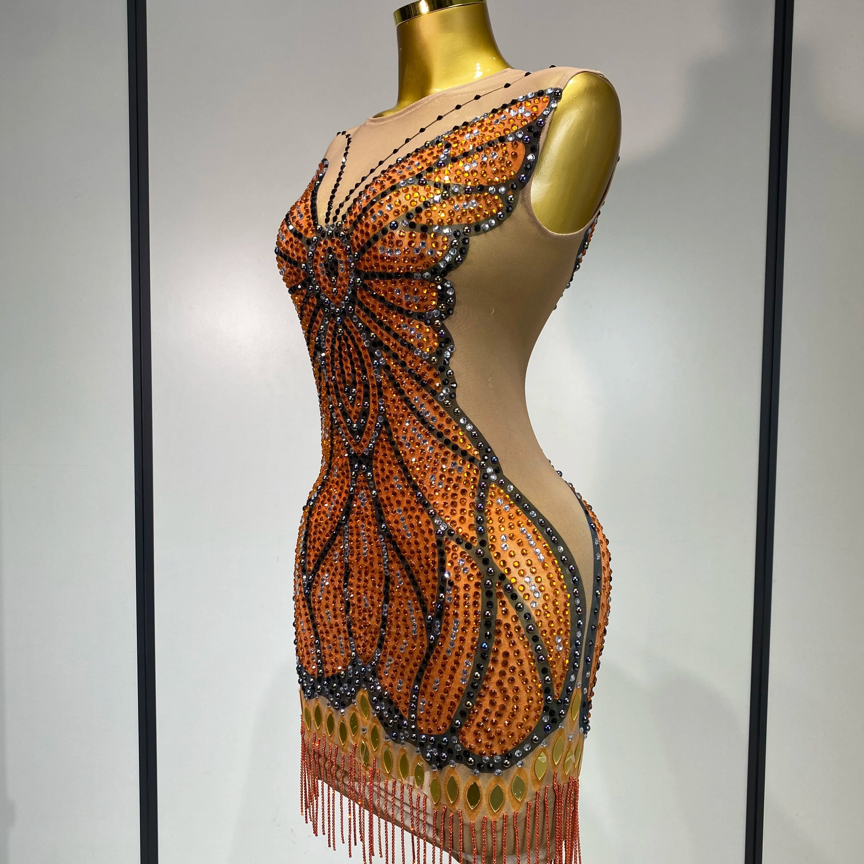 Sparkly Rhinestones Mesh Short Dress 2025 Sexy Sleeveless Luxury Birthday Evening Party Gown Performance Singer Stage Outfit