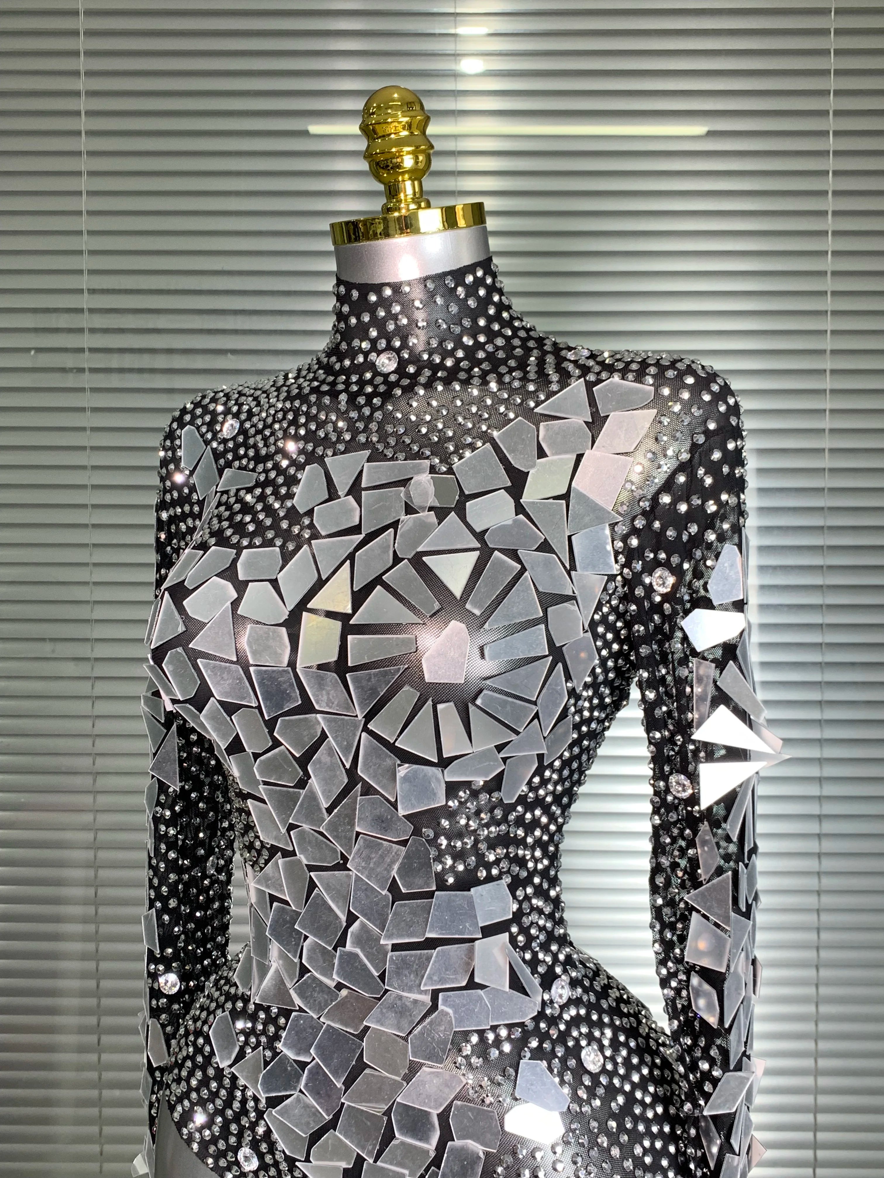 INS New Women Sexy Mesh Rhinestone Mirror Sexy Night Club Bodysuit One Piece Designer Dancer Singer Costume Party Bodysuit