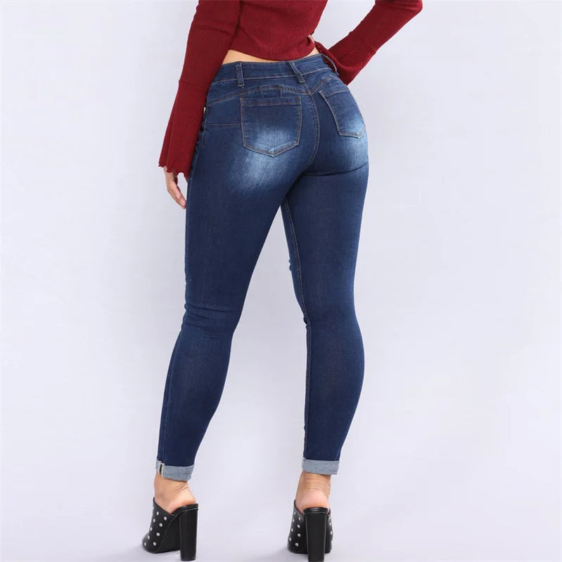 Women Fashion High Waist Stretch Ripped Jeans Lady Y2K Pencil Denim Pants Streetwear Tight Narrow Leg Mom Casual Skinny Trousers