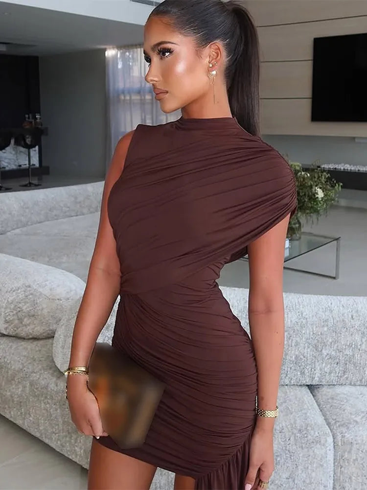 Brown Pleat Women Mini Vestidos Elegant Draped Ruched Turtleneck Sleeveless Slim Fit Dresses Summer Woman Club Party Short Dress