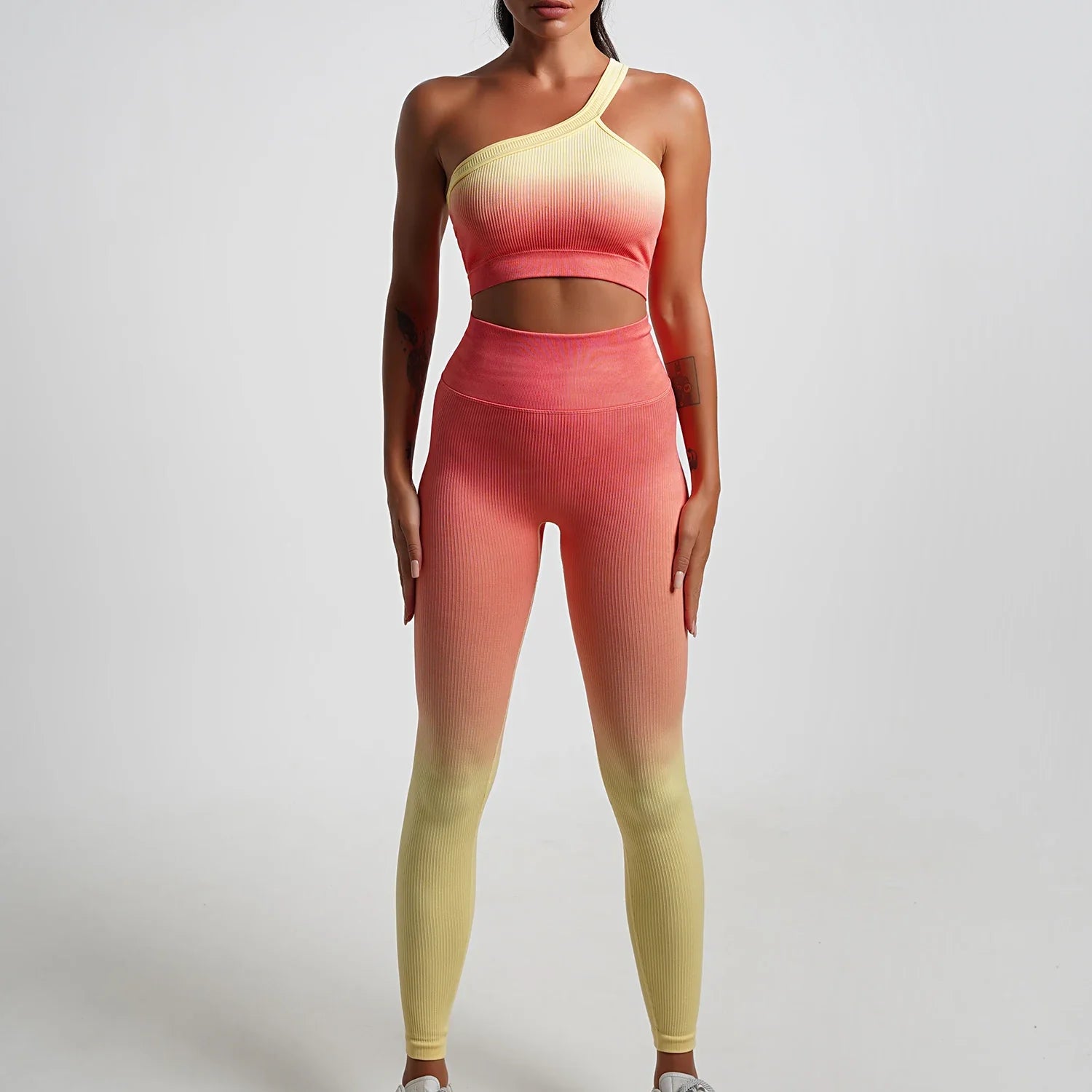 Seamless Gradient Yoga Sets Sports Fitness High Waist Hip-Lifting Pants Long-Sleeved Suits Workout Gym Leggings Sets for Women Orange D