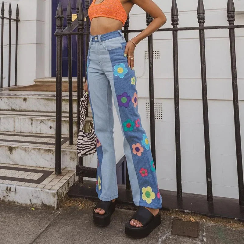Women's Color Block Side Printed High Waist Bootcut Embroidered Trousers European and American Style Women's Pants Fashion Jeans