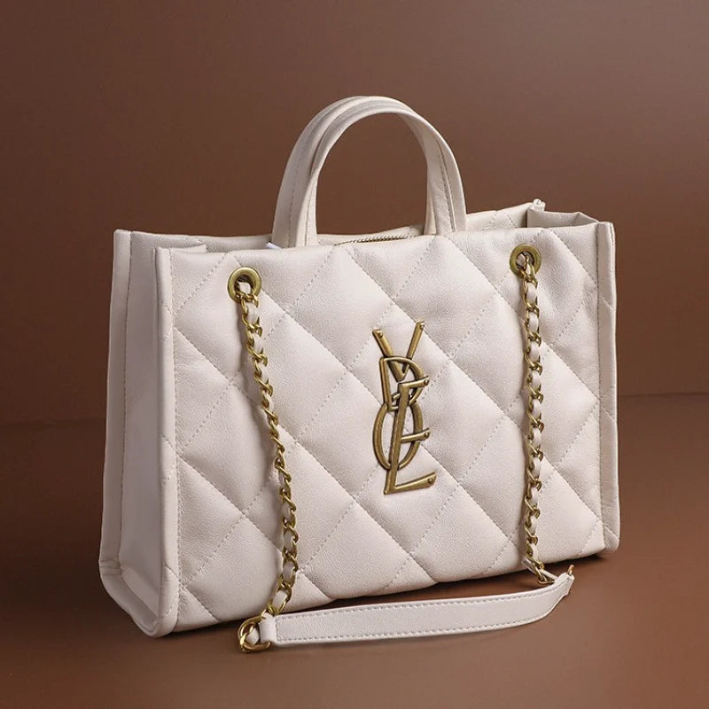 2026 New Women Genuine Leather Quilted Chain Tote Bag, Large Capacity Crossbody Sling Chic Shoulder Purse for Work and Travel