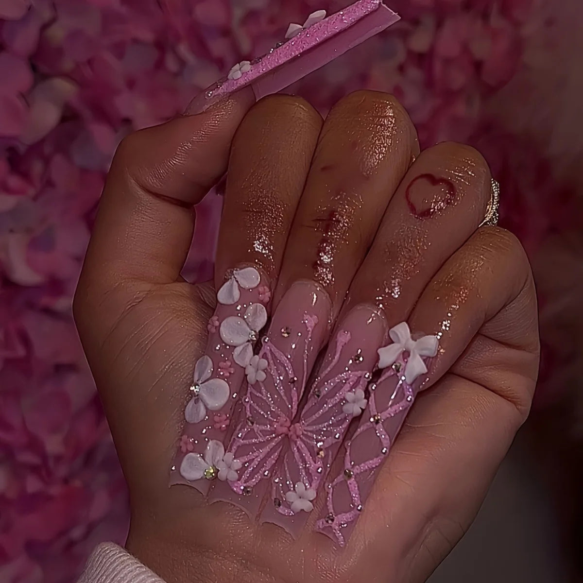24Pcs French Tip Press on Nails Long Glitter Rhinestone False Nails Wearable Y2k 3D Bow Tie Designs Fake Nails with Jelly Glue