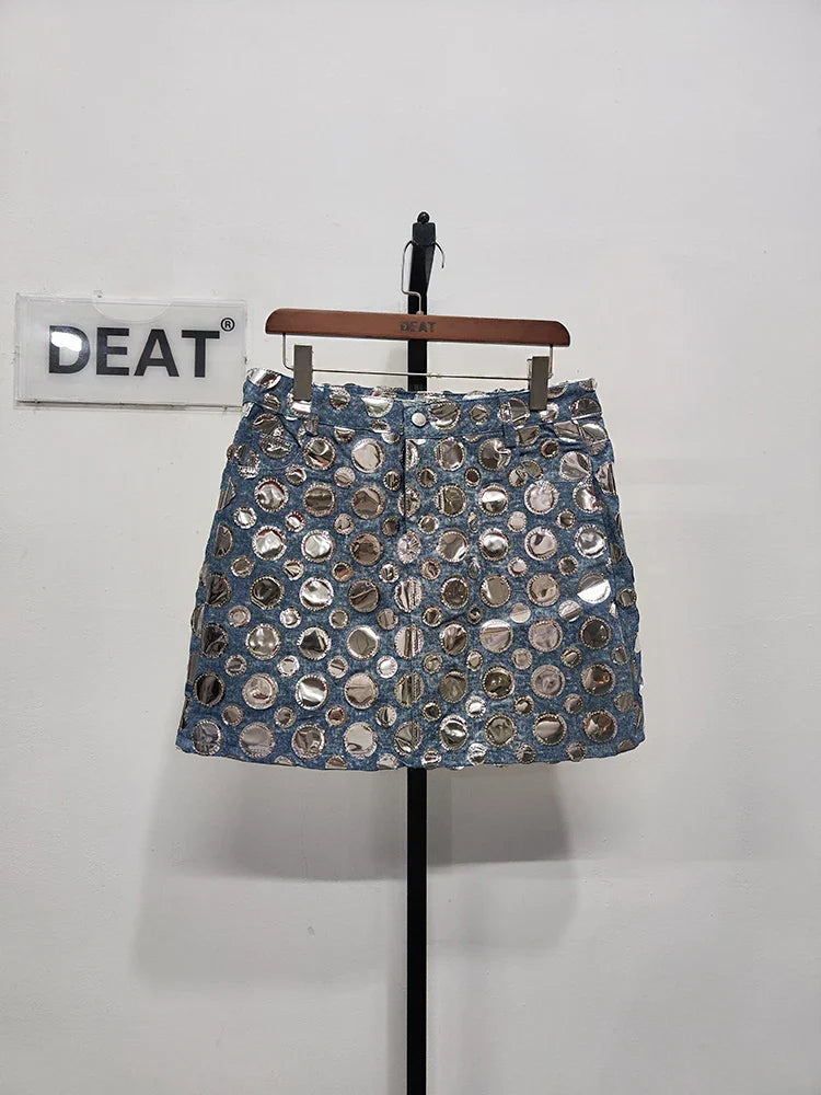 DEAT Summer New Fashion Women's Denim Skirt High Waist Circular Sequin Patchwork Wrap Hip Blue Short Mini Skirts 29L4143 Sky Blue 1