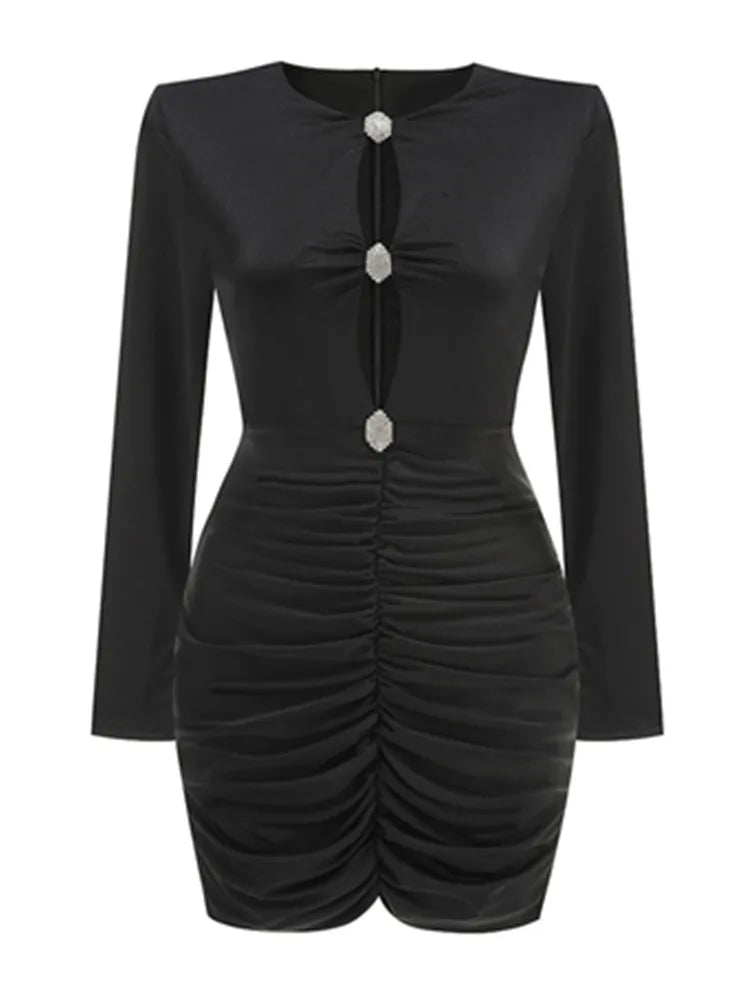 Luxury Women Celebrity Sexy Long Sleeve Key Hole Black Button Gowns Dress 2025 Elegant Evening Party Club Vestido