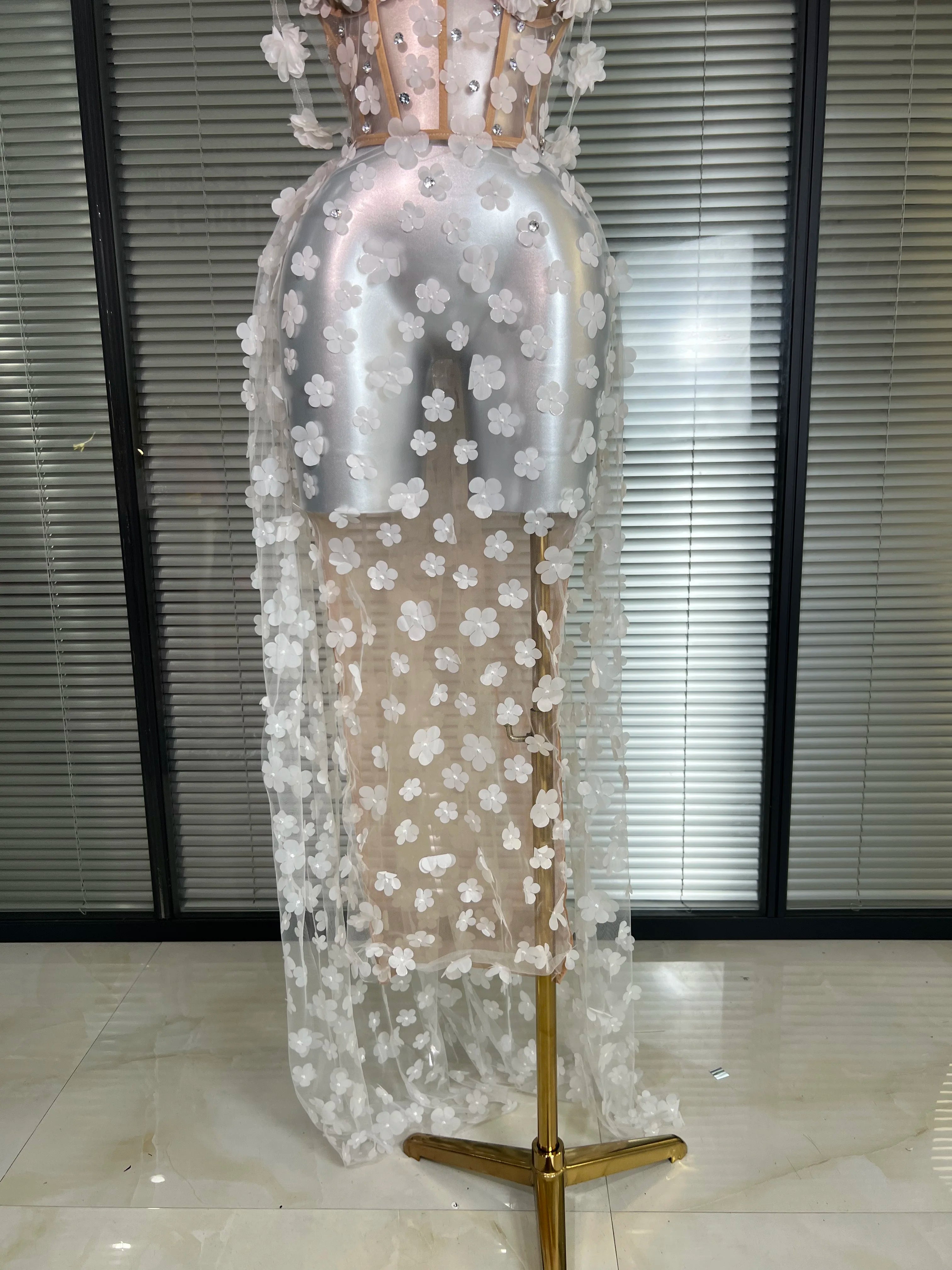 NEW Women Sexy Mesh Crystal Diamonds Maxi Dress See Through Party Singer Wedding Maxi Dress Stage Performance Costume