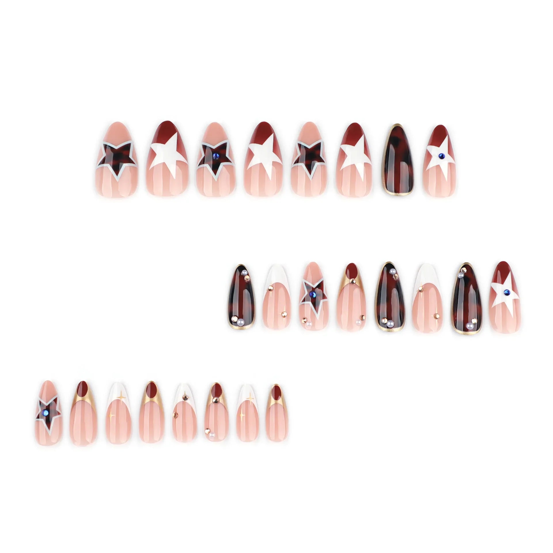 Autumn Brown French Press On Nails, 24Pcs Y2K Girls Wearable Fake Nails Star Printed, Spicy Girls Charm Manicure Diamond Decor