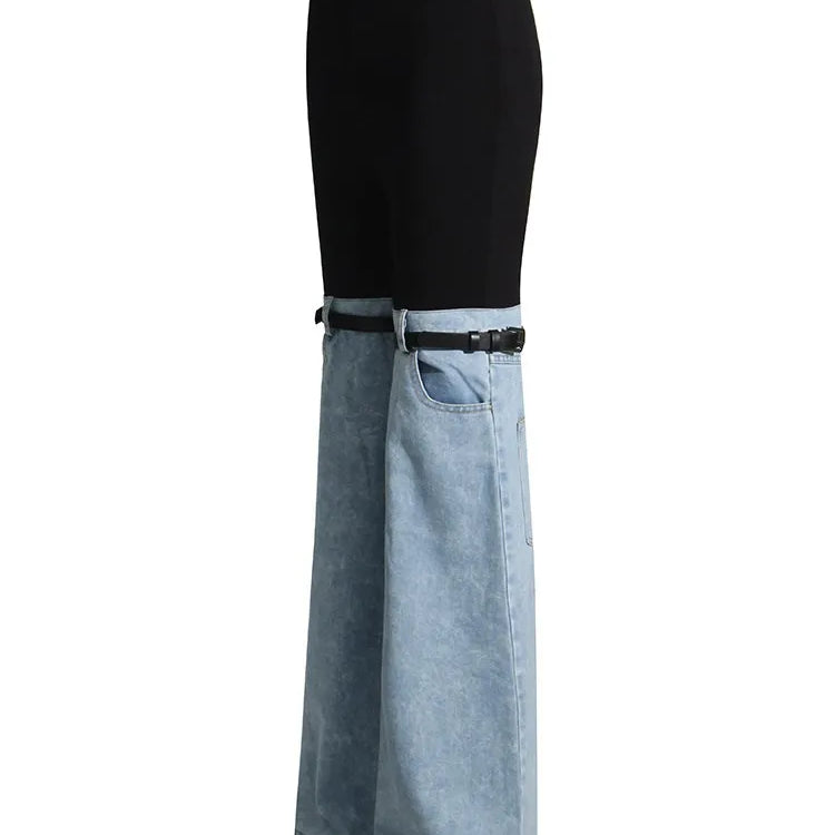 Hit Color Spliced Belt Jeans For Women High Waist Patchwork Pockets Slim Striaght Wide Leg Pant Female Fashion Style Clothes