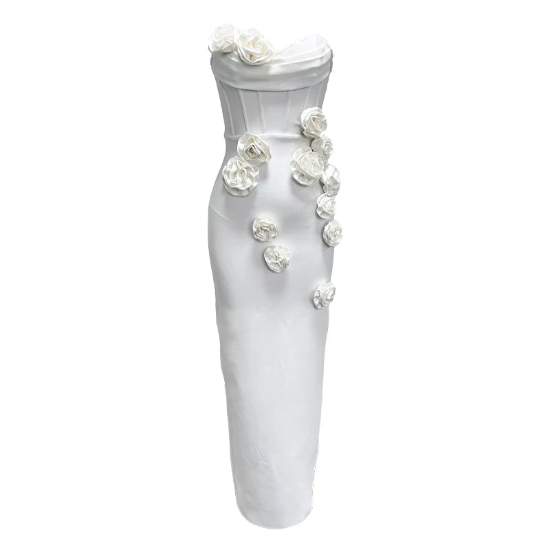 New Arrival White Color Women Sexy Florals Strapless Bodycon Mid-calf Bandage Dress Celebrate Vacation Birthday Party Dress