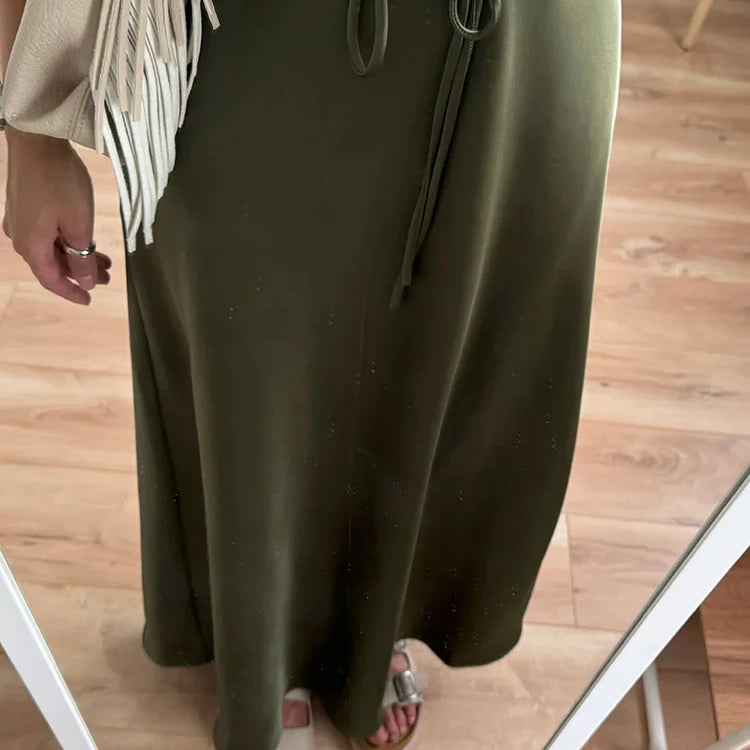 Streamgirl A Line Long Satin Skirts For Women Black Elegant High Waist Maxi Beige Skirts Silk Lace Up Long Skirt Women