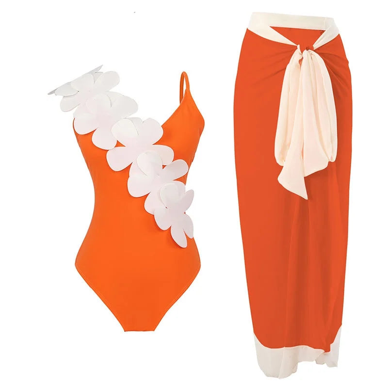 2023 Sexy Fashion One Piece Swimsuit Solid 3D Flower Summer Women Swimwear Beachwear Summer Luxury Monokini Bathing Suit a set 1