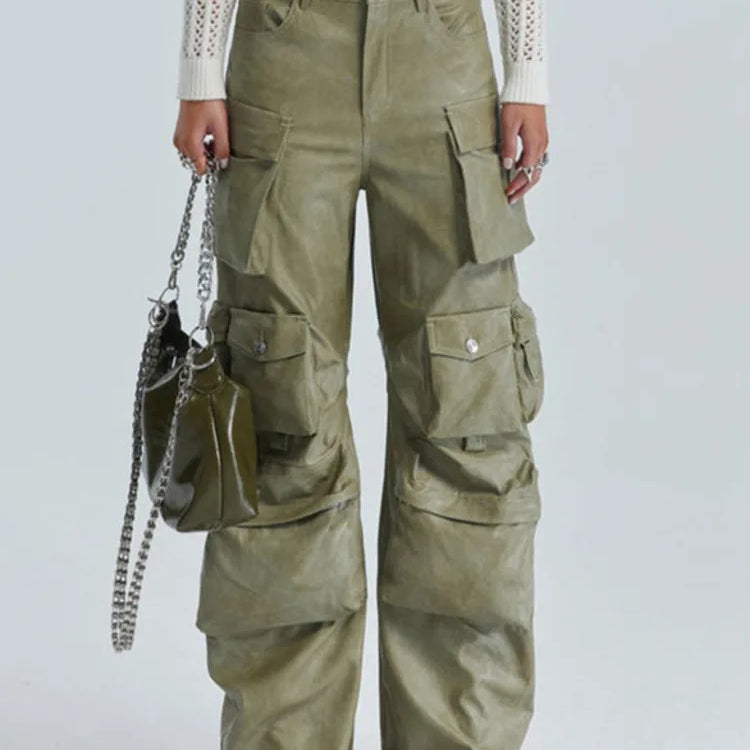 DEAT Multi Pocket Design Vintage PU Leather Pants For Women High Waist Single Button Cargo Trousers Autumn Female 11XX5286
