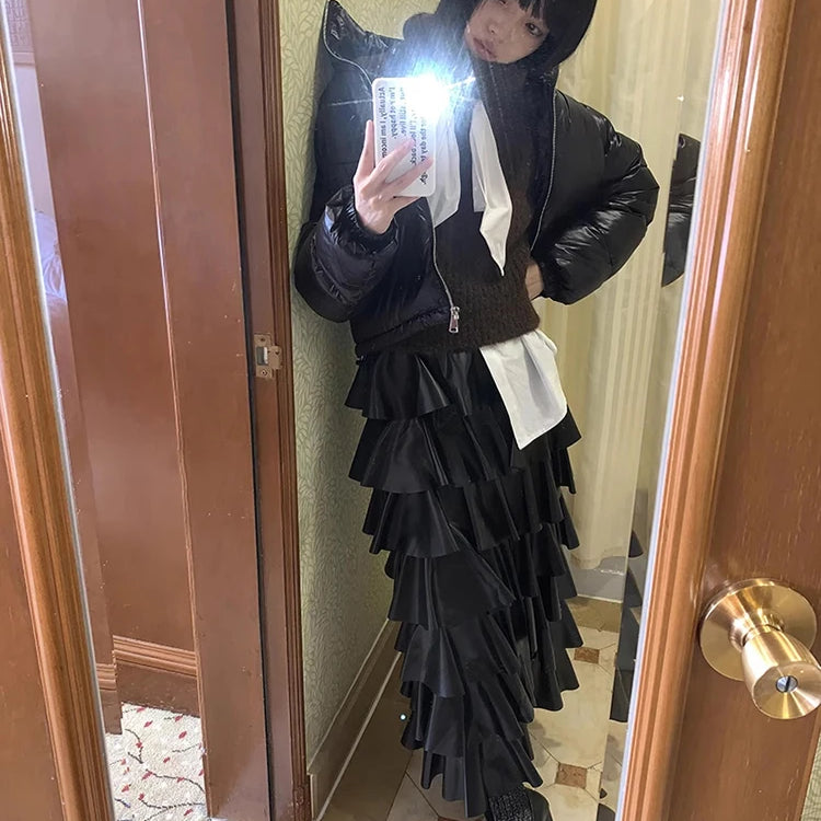 Spring Autumn Black Pu Leather Midi Tiered Skirt Women with Elastic High Waist Long Elegant Luxury Designer Clothes