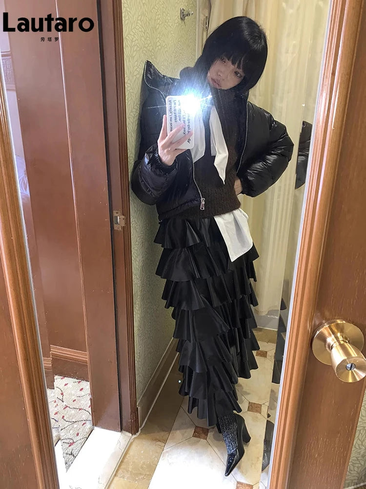 Spring Autumn Black Pu Leather Midi Tiered Skirt Women with Elastic High Waist Long Elegant Luxury Designer Clothes
