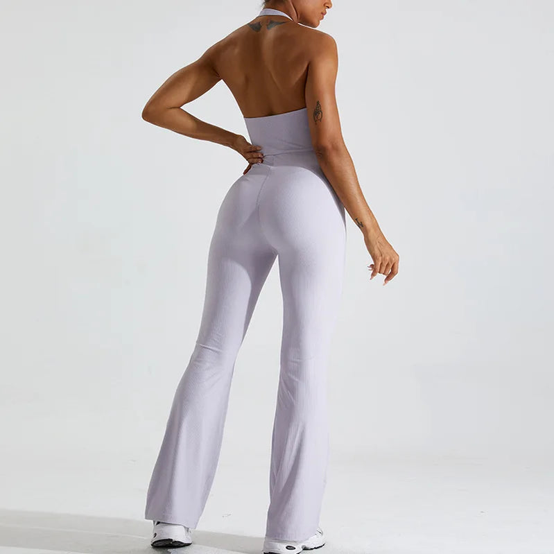 Women's Sportswear Hanging Neck Without Sleeves Yoga Suit Gym Push Ups Fitness Workout Bodysuit Quick Drying Yoga One Piece purple in color CHINA