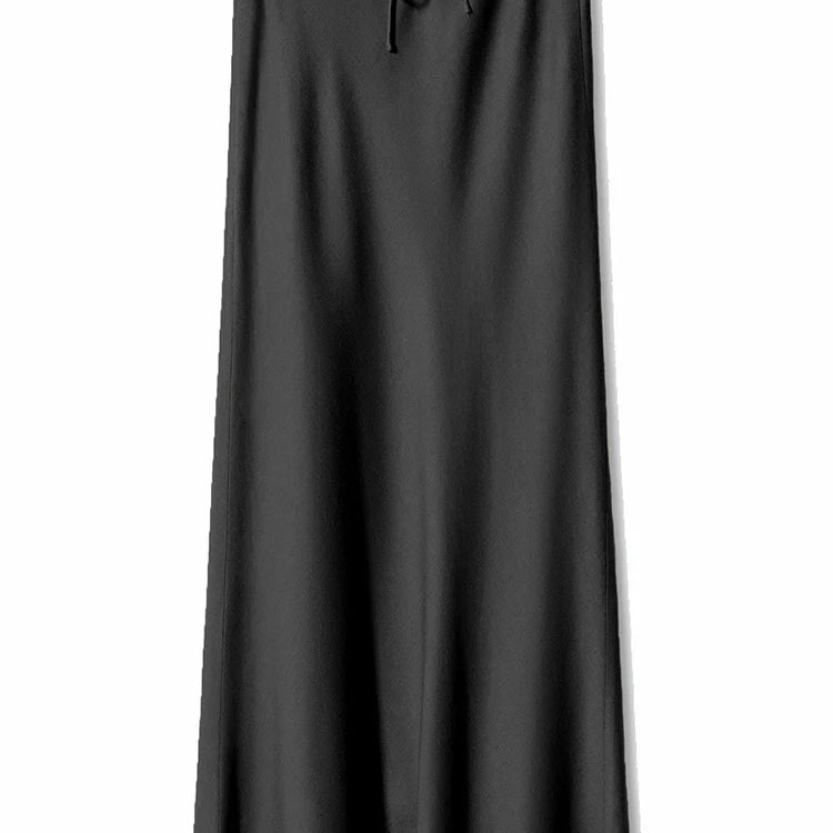Streamgirl A Line Long Satin Skirts For Women Black Elegant High Waist Maxi Beige Skirts Silk Lace Up Long Skirt Women Black