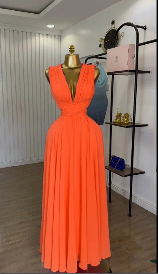 CM.YAYA Women Sleeveless Cutout Back Wrap V-neck Pleated A-line Chiffon Maxi Long Dress Birthday Vacation Sexy Party Dresses Orange
