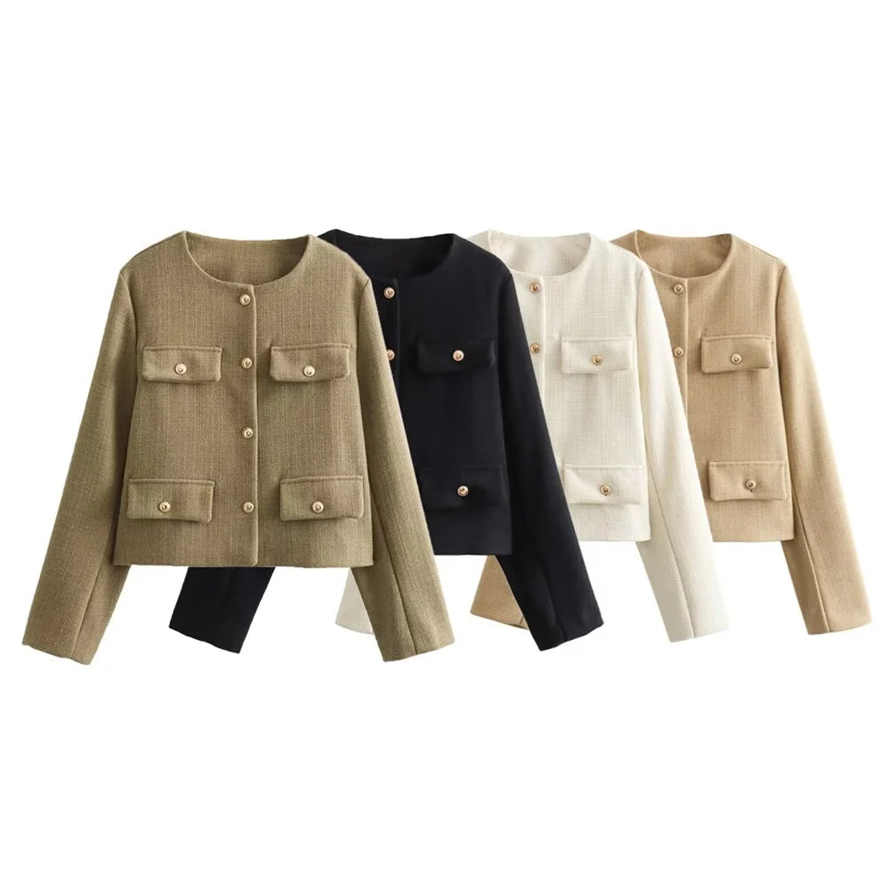Women's Fashion and Casual Versatile Round Neck Single breasted Flap Decoration Suit Coat