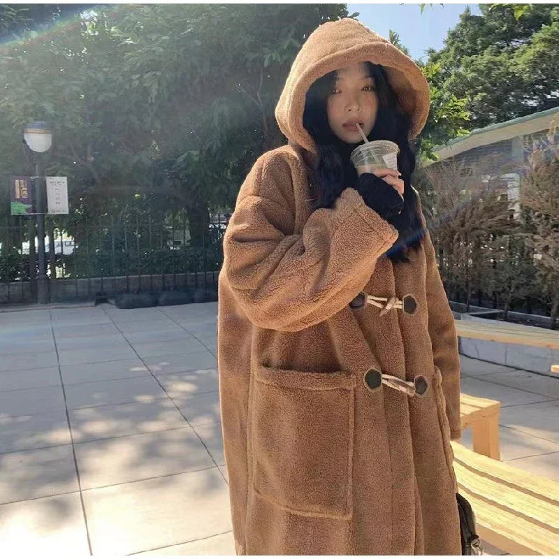 Faux Woolen Long Coat Women Long Sleeve Big Pocket Hoodies Outwear Autumn Winter Thickening Warm Loose Lady Jackets