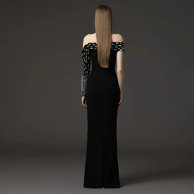 Women Sexy One Shoulder Shinning Crystal Bodycon Long Bandage Dress Elegant Evening Party Celebrity Red Carpet Wear
