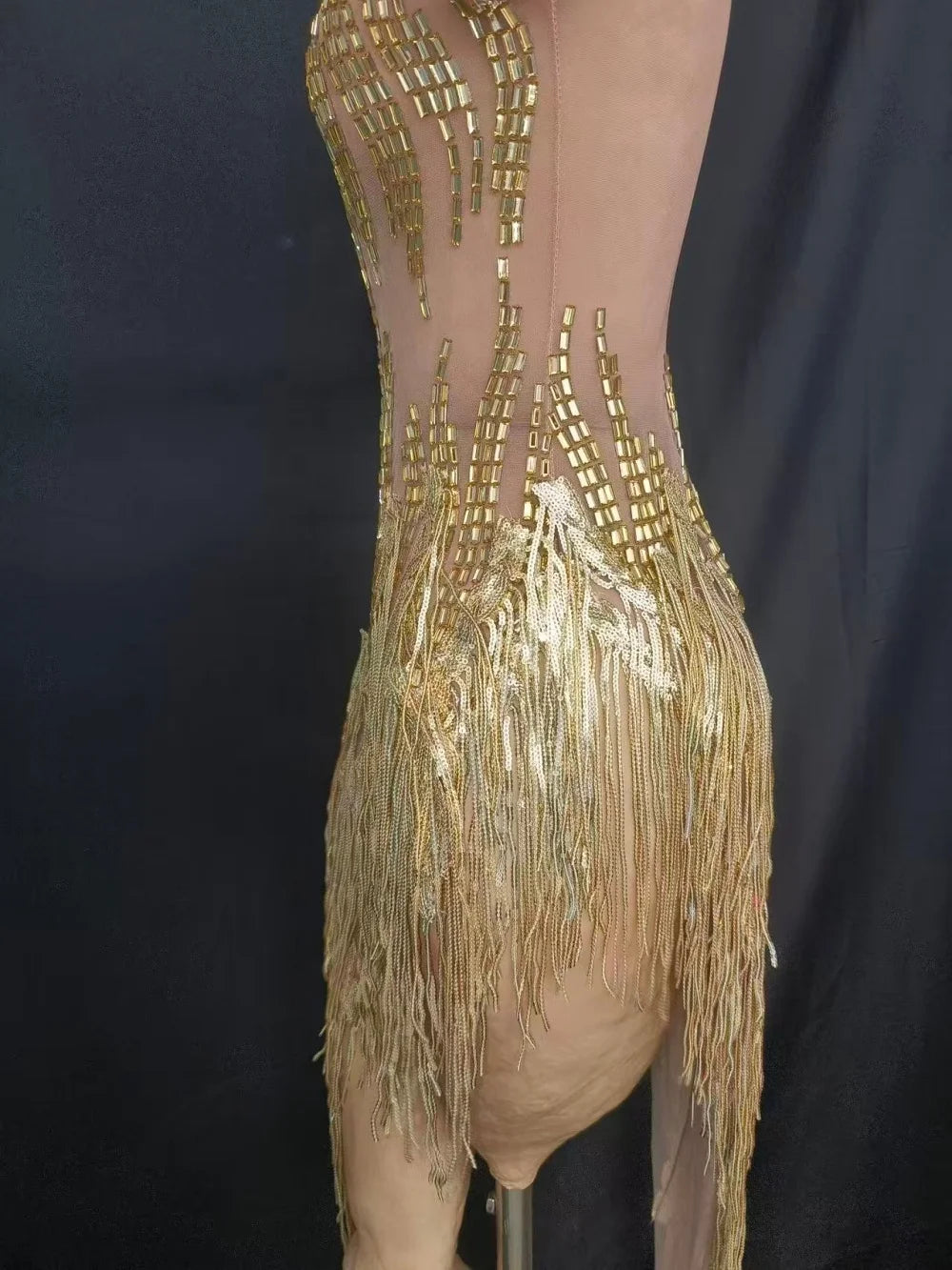 Women Sexy Mesh Gold Crystal Stretchy Night Club See Through Singer Dancer Tassel Stage Costume Mini Party Dress
