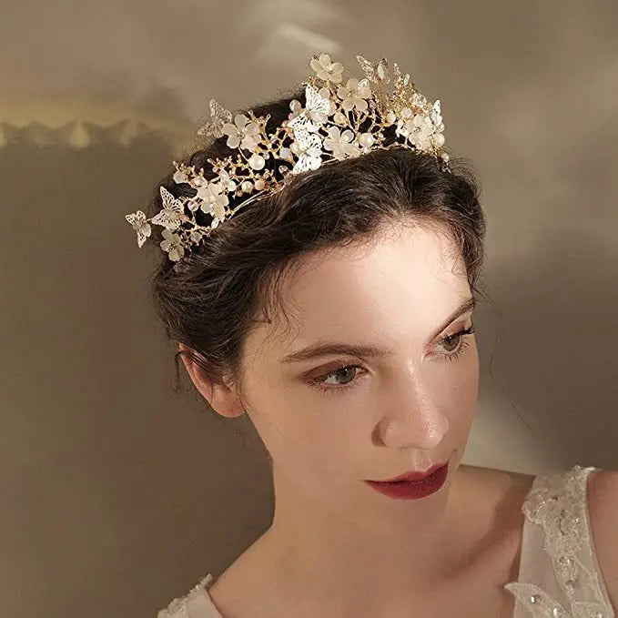 Baroque Butterfly Pearl Crystal AB Crown Tiara Rhinestone Hairband Wedding Hair Accessories Princess Bridal Headpieces