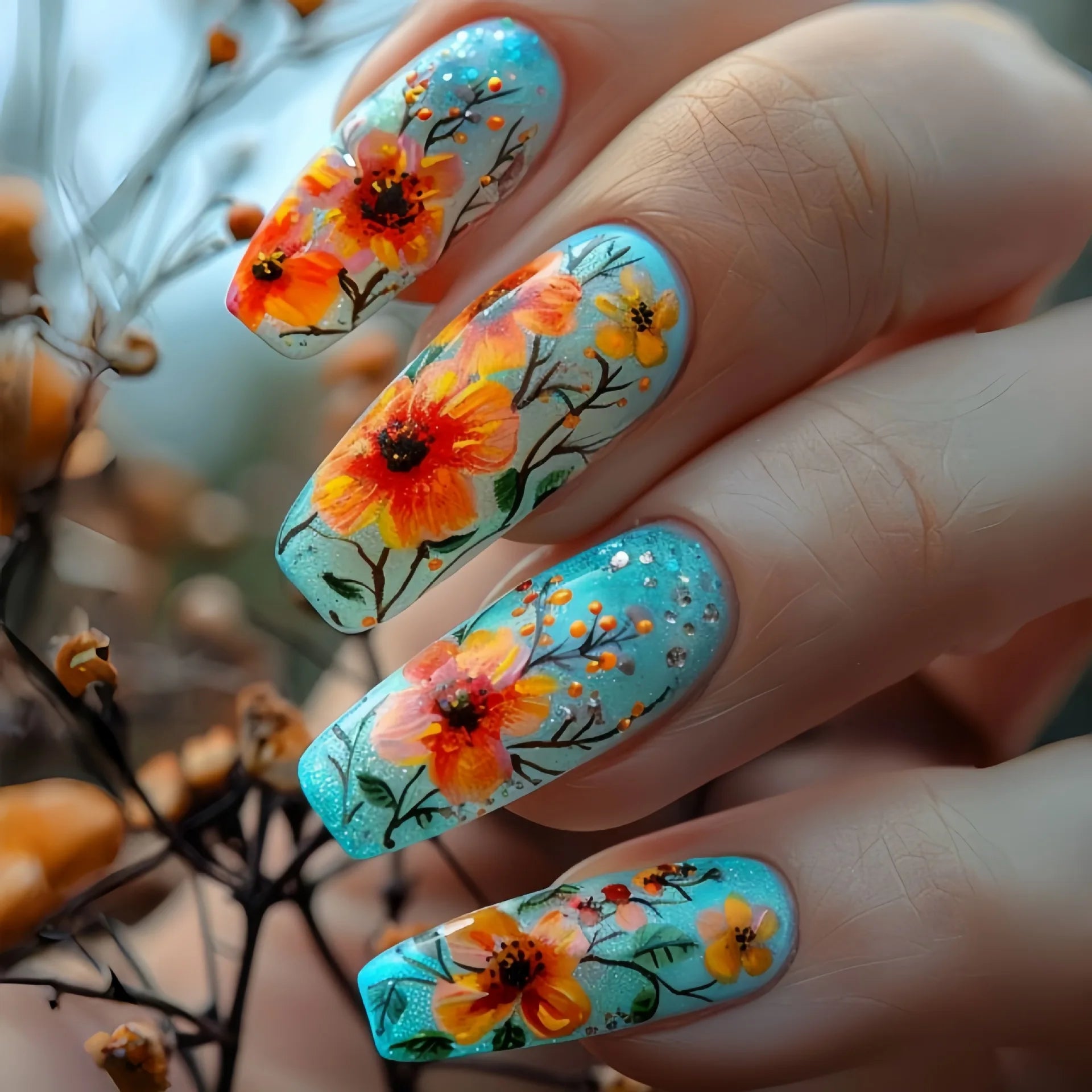 24pcs/set short medium long fake nails Spring flowers flora for St. Patrick's Day faux ongles press on acrylic false nail art
