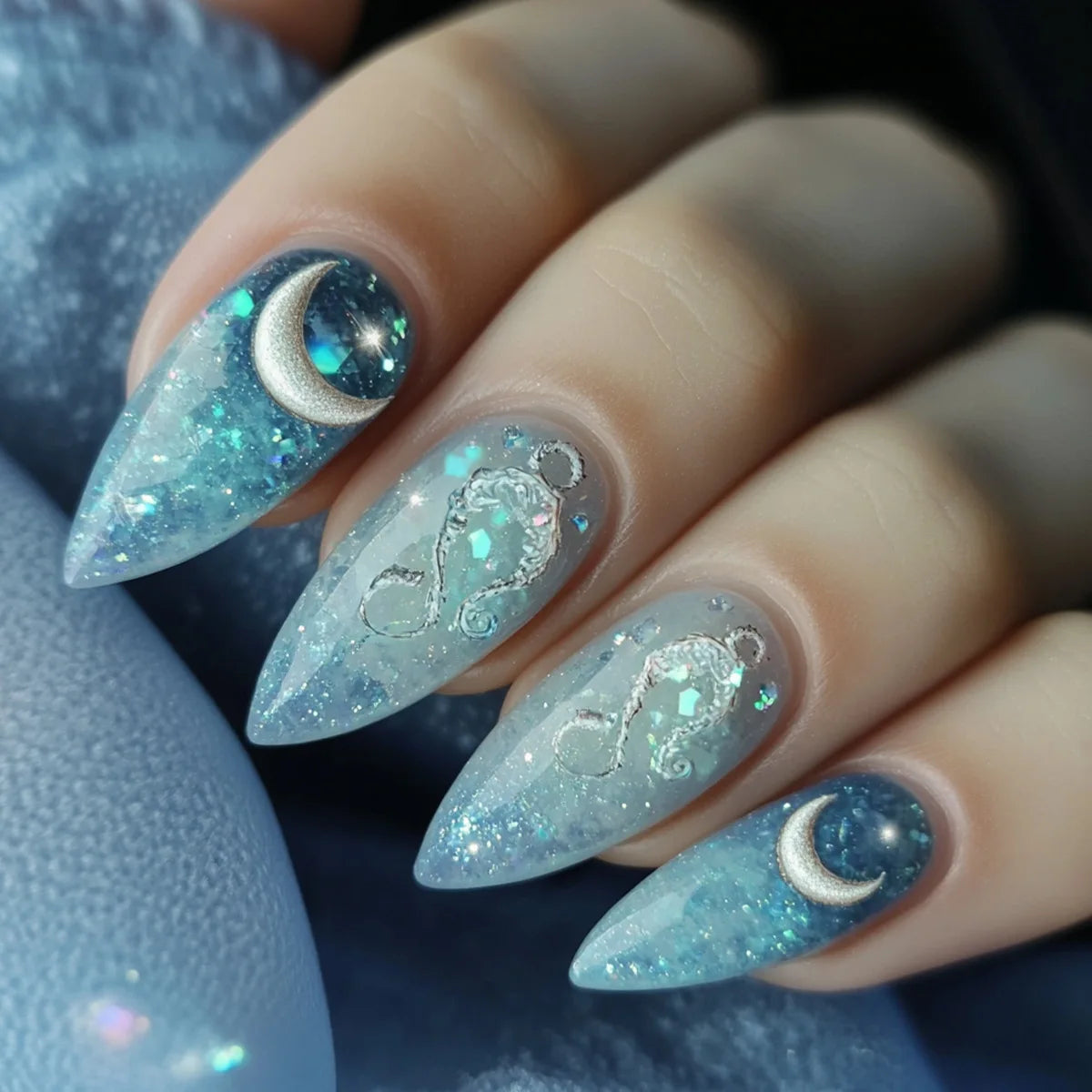 Medium fake nails for women gilrs gradient blue pink starry sky star moon Y2K design Almond nail tips press on false nail set