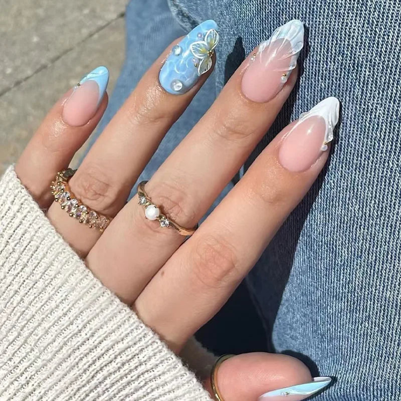 24Pcs 3D Shell Pattern Press on False Nails with Green Camellia Design Short Round Head Wearable Almond French Fake Nail Set
