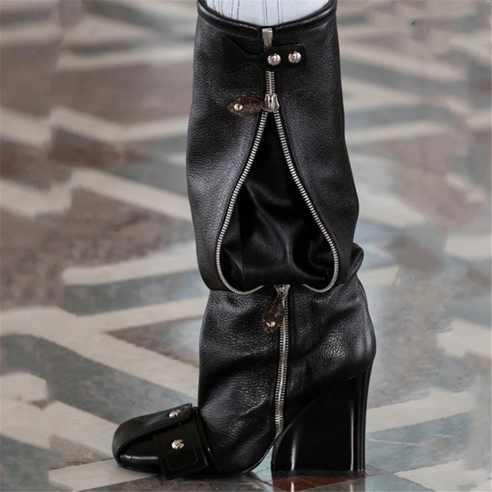 Brand Women's Boots Autumn and Winter Fashion Color Contrast Rivet Side Zipper High Heel Fashion Stage Show Party Boots 8662-1-black