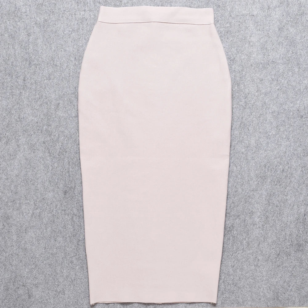 HQBORY Sexy Quality Nude Beige Bandage Skirts Midi 2023 Women Summer Red Split Party Skirt Bodycon High Waist Office Lady Skirt