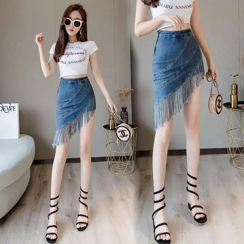 Denim Mini Skirt Women with Shorts Oblique Hem Tassel Summer 2024 Korean Fashion Streetwear Jean Skort Stylish Night Club Outfit 7