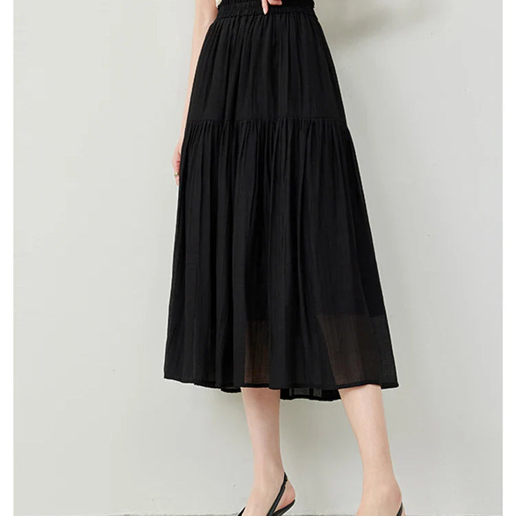 Vimly Black Elegant A-line Women's Midi Skirt Spring Simple Elastic Waist Solid Thin Female Skirts Women's Clothing M6079 Black