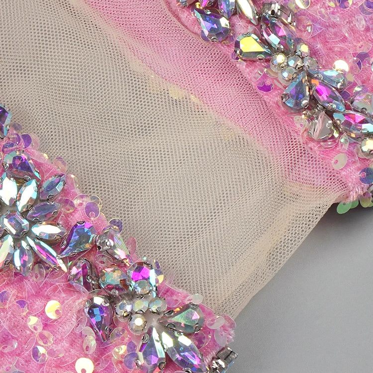 VC Pink Sparkly Sequins Long Dress Beaded Crystal Feather Embellished High Slit Straight Floor-length Prom Evening Gown Vestidos