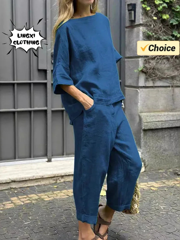 Summer Fashion New Style Matching Series Round Neck Cotton Linen Top High Waist Wide Leg Long Pants Set Plus Size Women's Wear