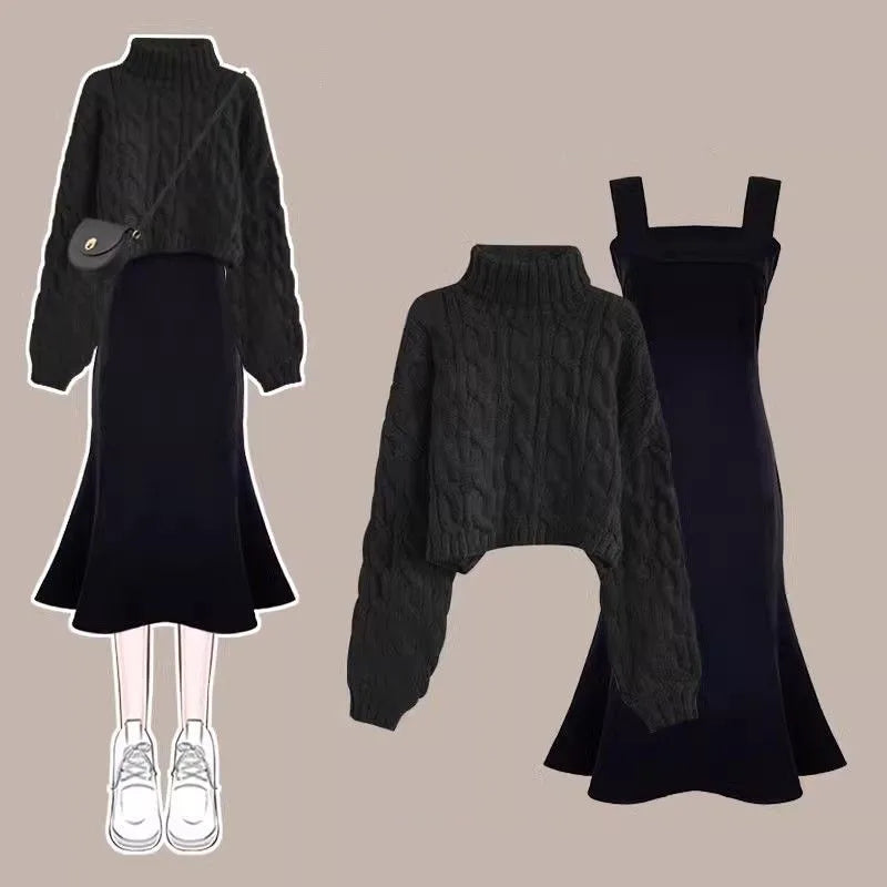 Women's Autumn Winter Loose High Neck Knitted Sweater Suspender Dress Two-piece Korean Elegant Pullover Strap Skirt Matching Set Set 02