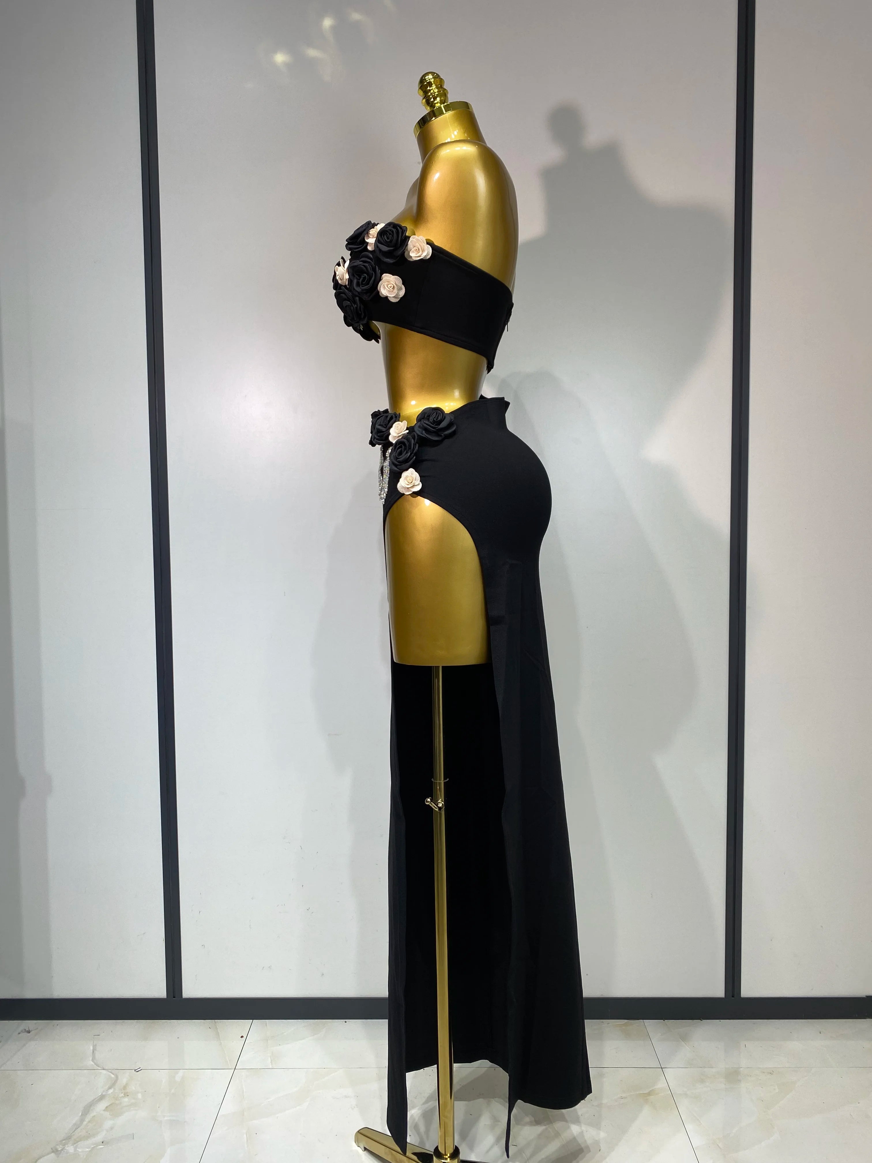 High Quality Women Sexy Flower Strapless Top High Slit Long Skirt Elegant Evening Party Two Piece Set Luxury Birthday Club Gown