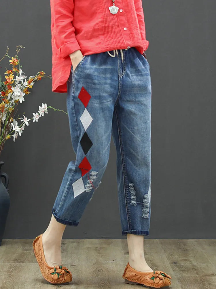 Autumn Ladies Luxury Embroidery Jeans Womens Fashion Vintage Ripped Denim Trousers Loose Holes Elastic Harem Pants