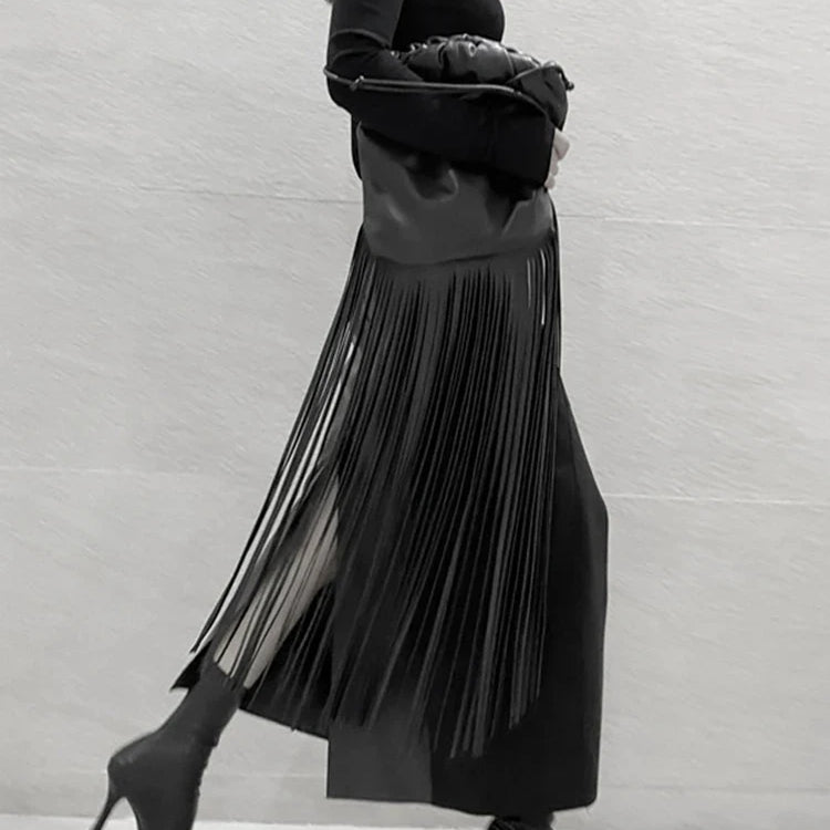 Spring Autumn Long Sexy Patchwork Pu Leather Midi Skirt Women with Slit High Waist 2024 Luxury Designer Clothes Fashion