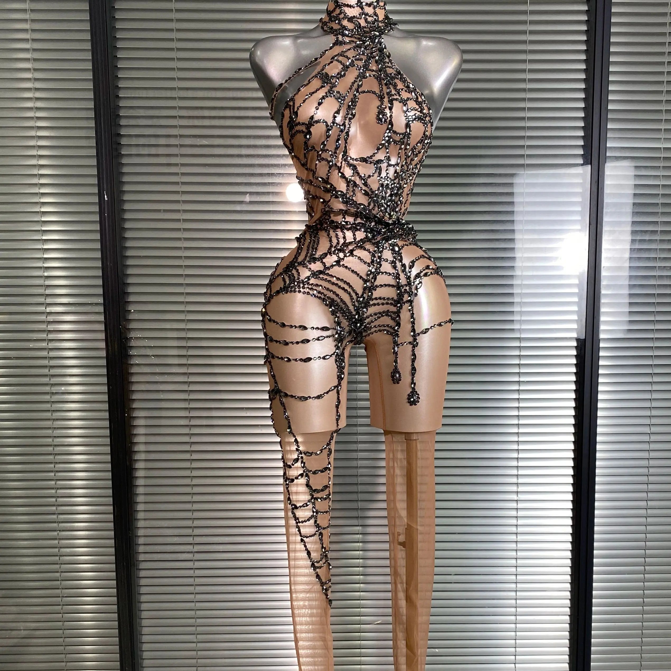 Women Sexy Crystal Jumpsuit Celebrity Designer Spider Web Stretchy Mesh Sheer Black Skin Singer Dancer Stage Night Club Rompers